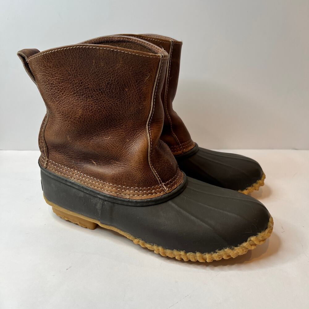 Vintage Eddie Bauer Leather Duck Boots Mens Size 9 Cognac Brown Black Pull On
